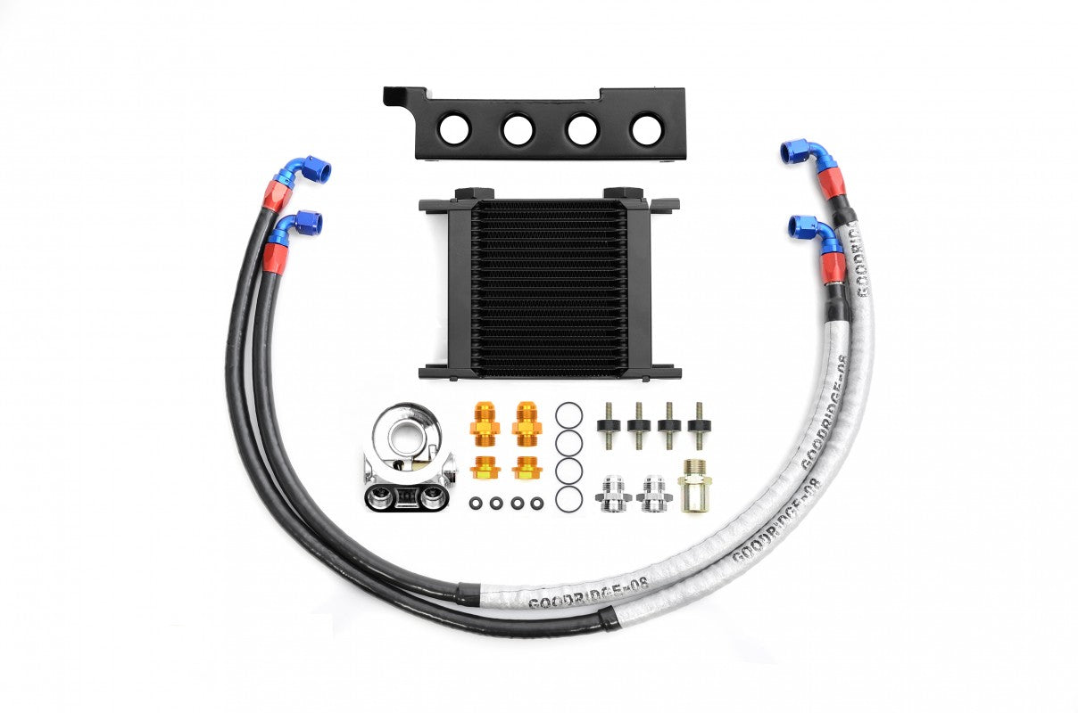 RCM oil cooler kit current supplier view 1 RCM 19-row oil cooler kit with black bracket, braided oil lines, sandwich plate and fittings