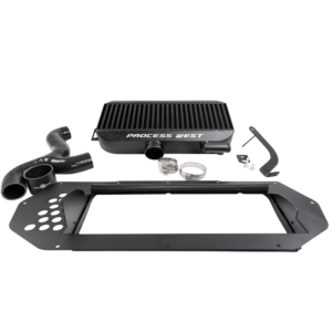 Process West PWTMIC01B black top-mount intercooler kit with bonnet shroud and silicone hoses Process West PWTMIC01B black top-mount intercooler kit with bonnet shroud and silicone hoses