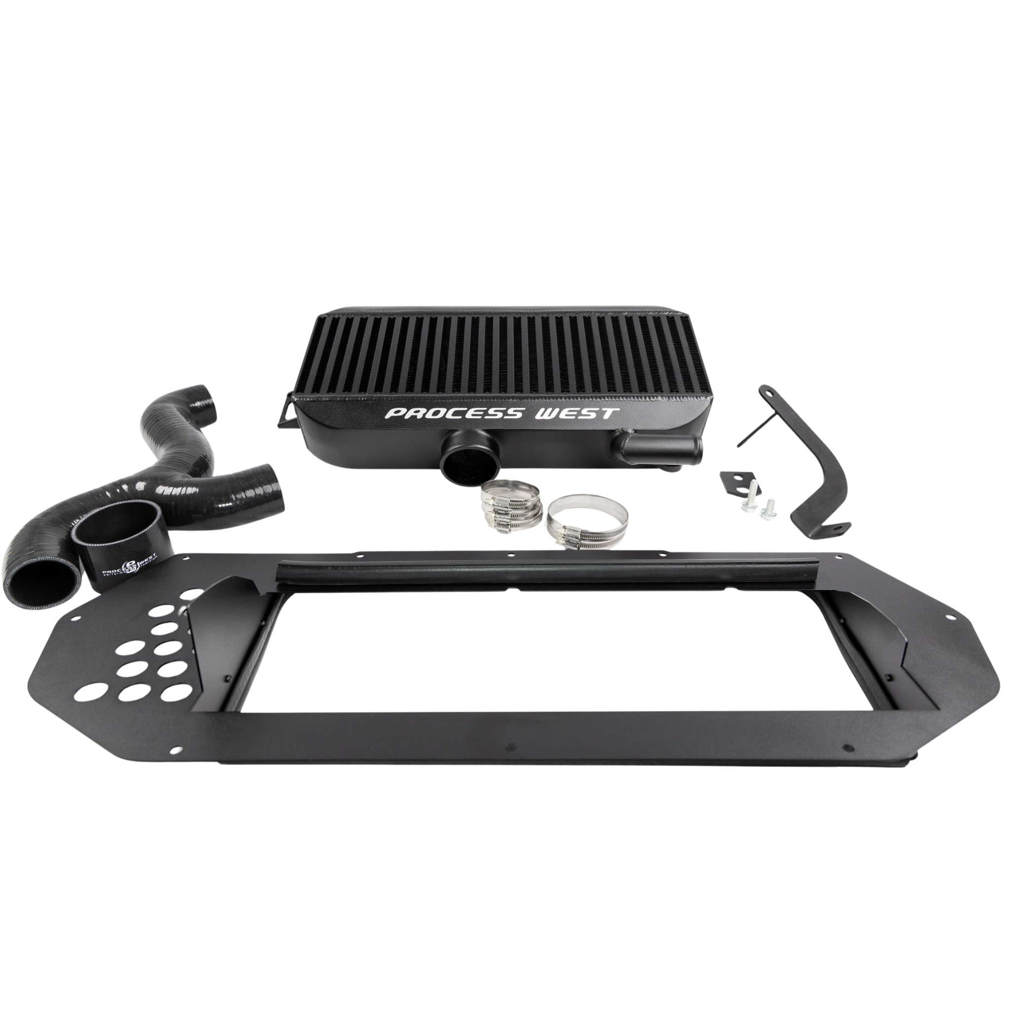 Process West PWTMIC01B black top-mount intercooler kit with bonnet shroud and silicone hoses Process West PWTMIC01B black top-mount intercooler kit with bonnet shroud and silicone hoses