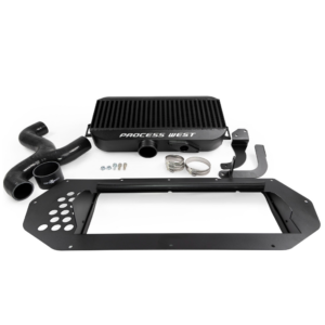 Process West PWTMIC02B black top-mount intercooler kit with bonnet shroud and silicone hoses Process West PWTMIC02B black top-mount intercooler kit with bonnet shroud and silicone hoses