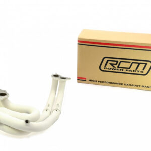 RCM white ceramic-coated exhaust manifold shown with packaging