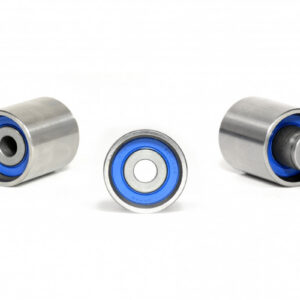 Genuine Subaru SEN1043 double-bearing small timing belt idler shown from three angles