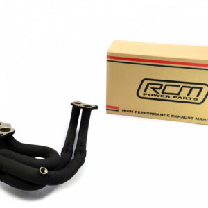 RCM black ceramic-coated exhaust manifold shown with packaging