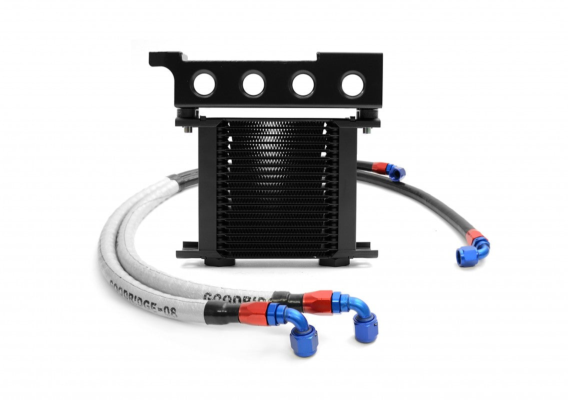 RCM oil cooler kit current supplier view 3 RCM 19-row oil cooler with black bracket and pre-assembled braided lines, angled view