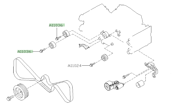 Genuine Subaru Large Smooth Timing Belt Idler Bolt – installation diagram Installation position diagram for the Subaru large smooth timing idler bolt