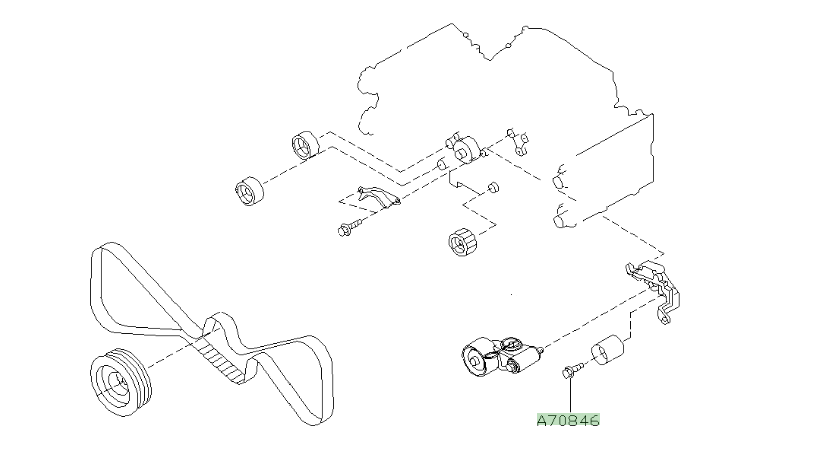 Genuine Subaru Small Timing Belt Idler Bolt – Double Bearing, 2002 Onwards – installation diagram Installation position diagram for the Subaru double-bearing small timing idler bolt