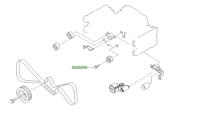 Subaru toothed timing belt idler pulley location Location of the toothed timing belt idler pulley bolt