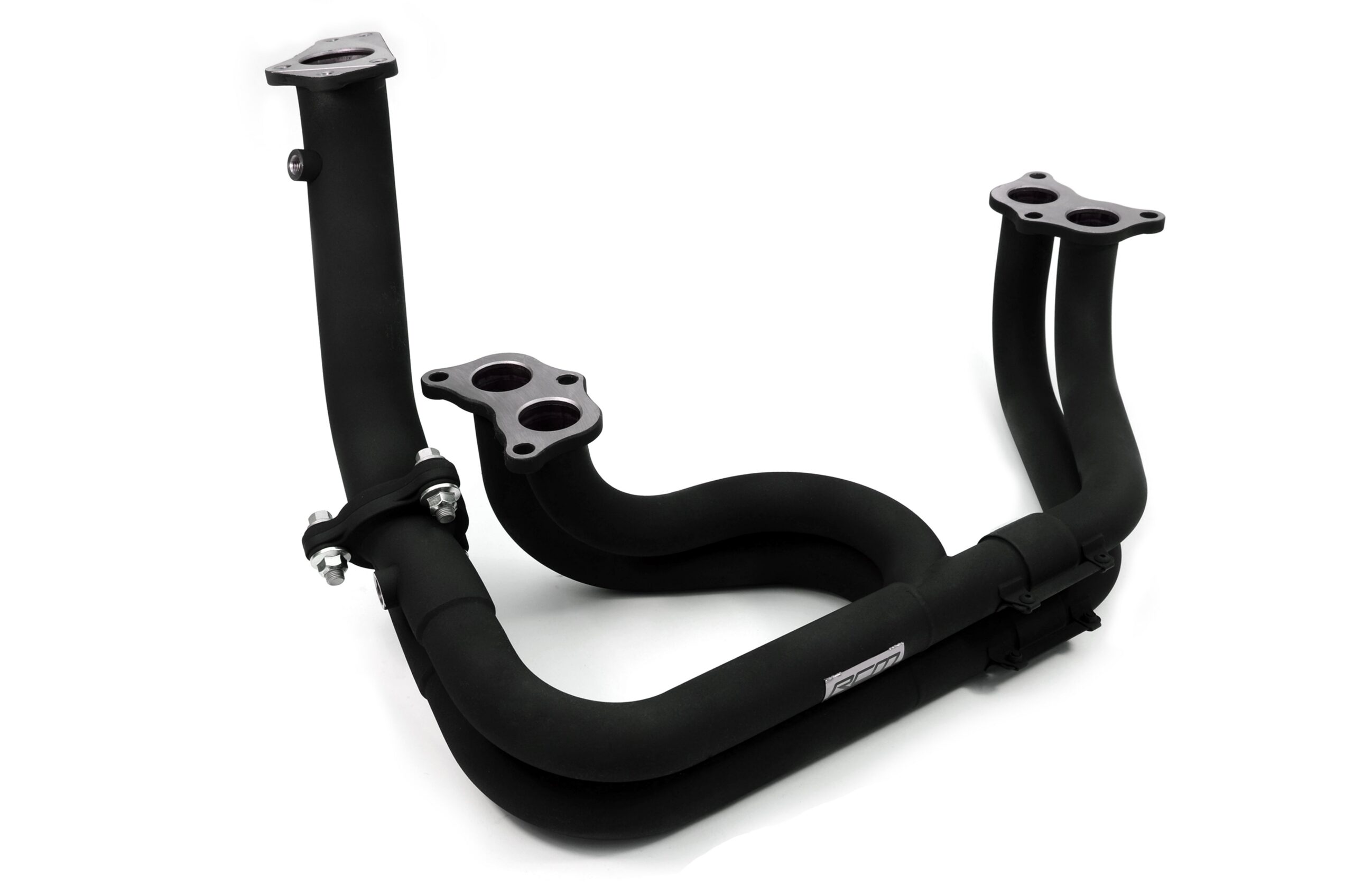 RCM equal-length stainless steel exhaust manifold 5 Black ceramic-coated RCM equal-length stainless-steel exhaust manifold, angled view