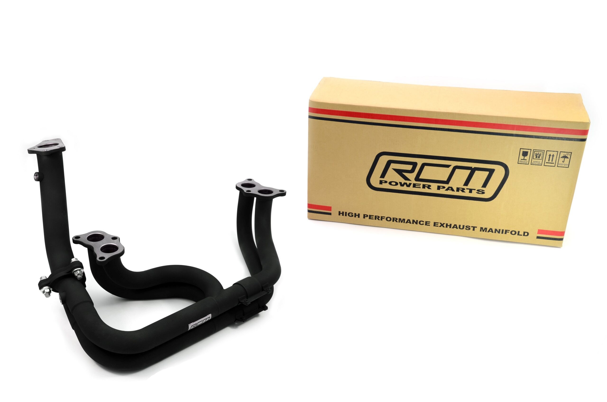 RCM equal-length stainless steel exhaust manifold 6 Black ceramic-coated RCM equal-length stainless-steel exhaust manifold shown with packaging