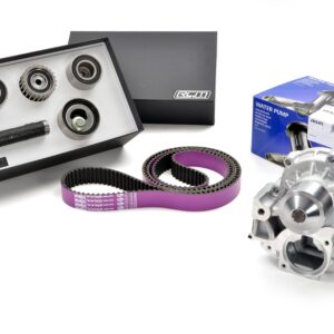 HKS timing-belt kit with early-style tensioner, separate tensioner pulley, idler bearings and Aisin three-port water pump for Impreza V1–V2