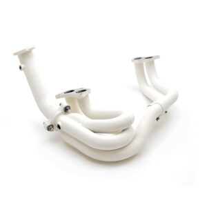 RCM unequal-length exhaust manifold with white ceramic coating, front angled view