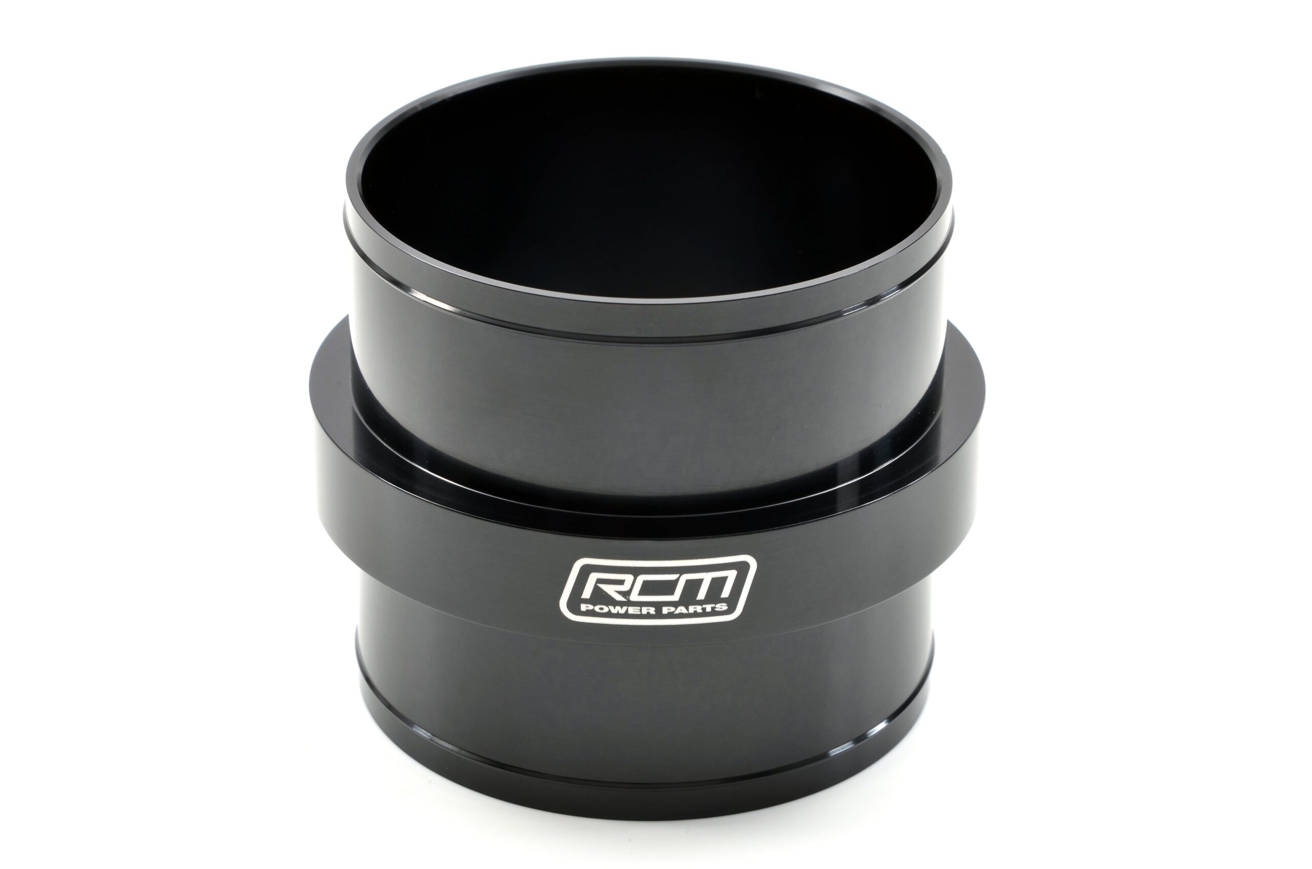 RCM3664 black 3-inch billet intake joiner, end and central band view RCM3664 black 3-inch billet intake joiner, end and central band view
