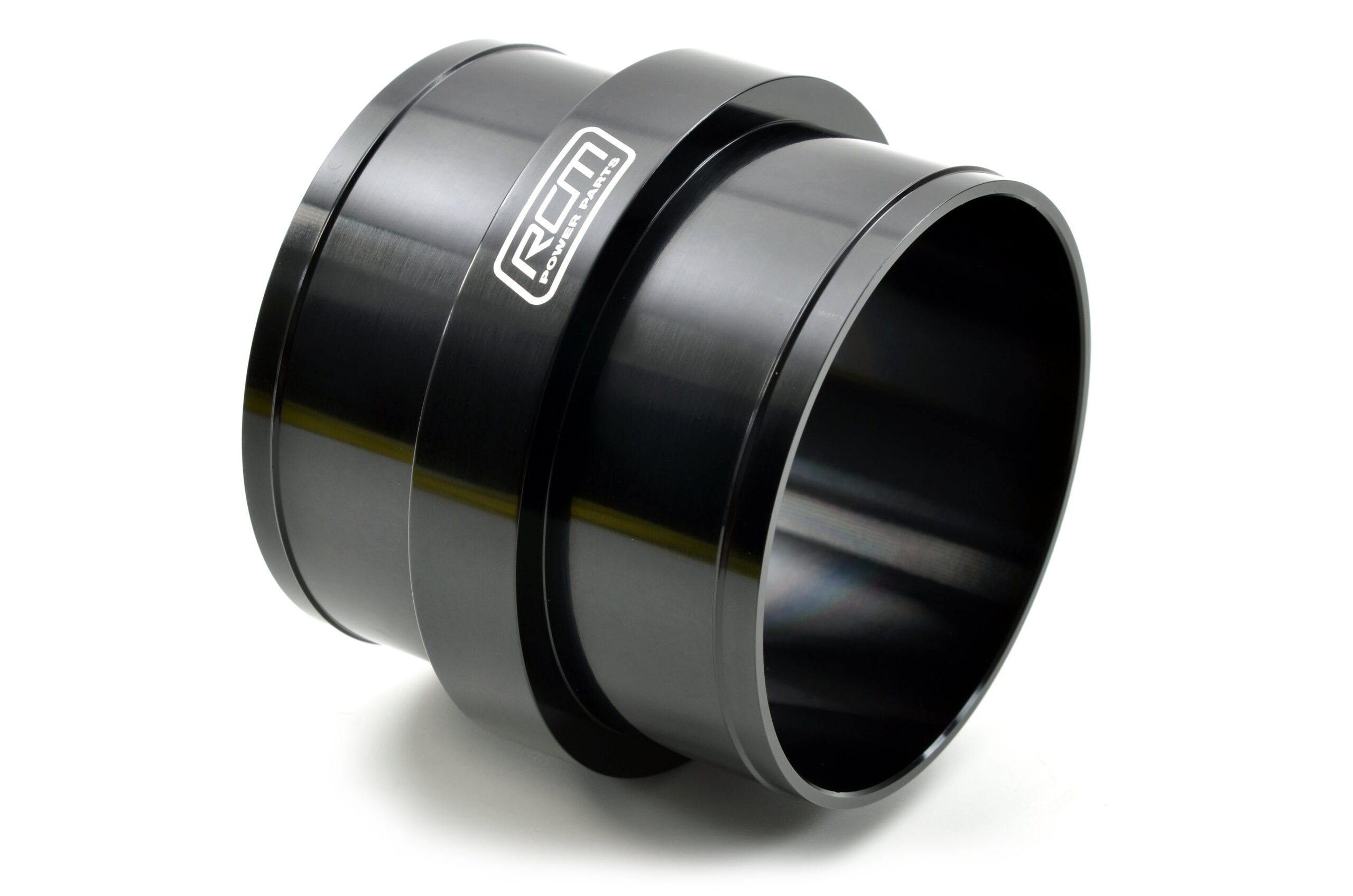 RCM3664 black 3-inch billet intake joiner, angled view RCM3664 black 3-inch billet intake joiner, angled view