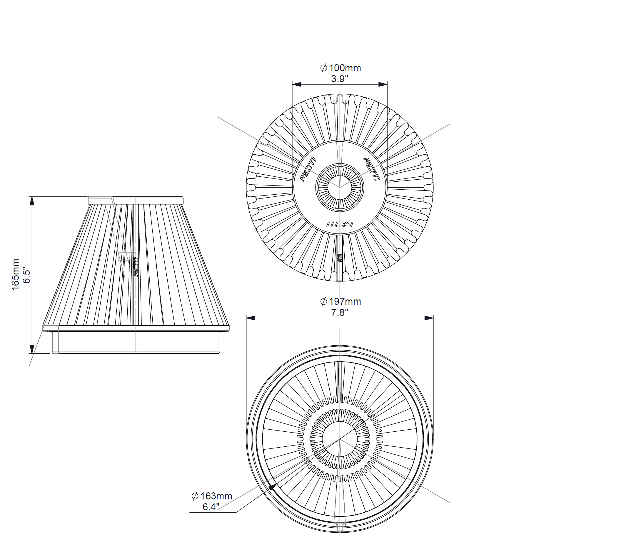 RCMFILTERSHORT_-n_Dims-1.png RCM induction-kit cone air filter dimension diagram