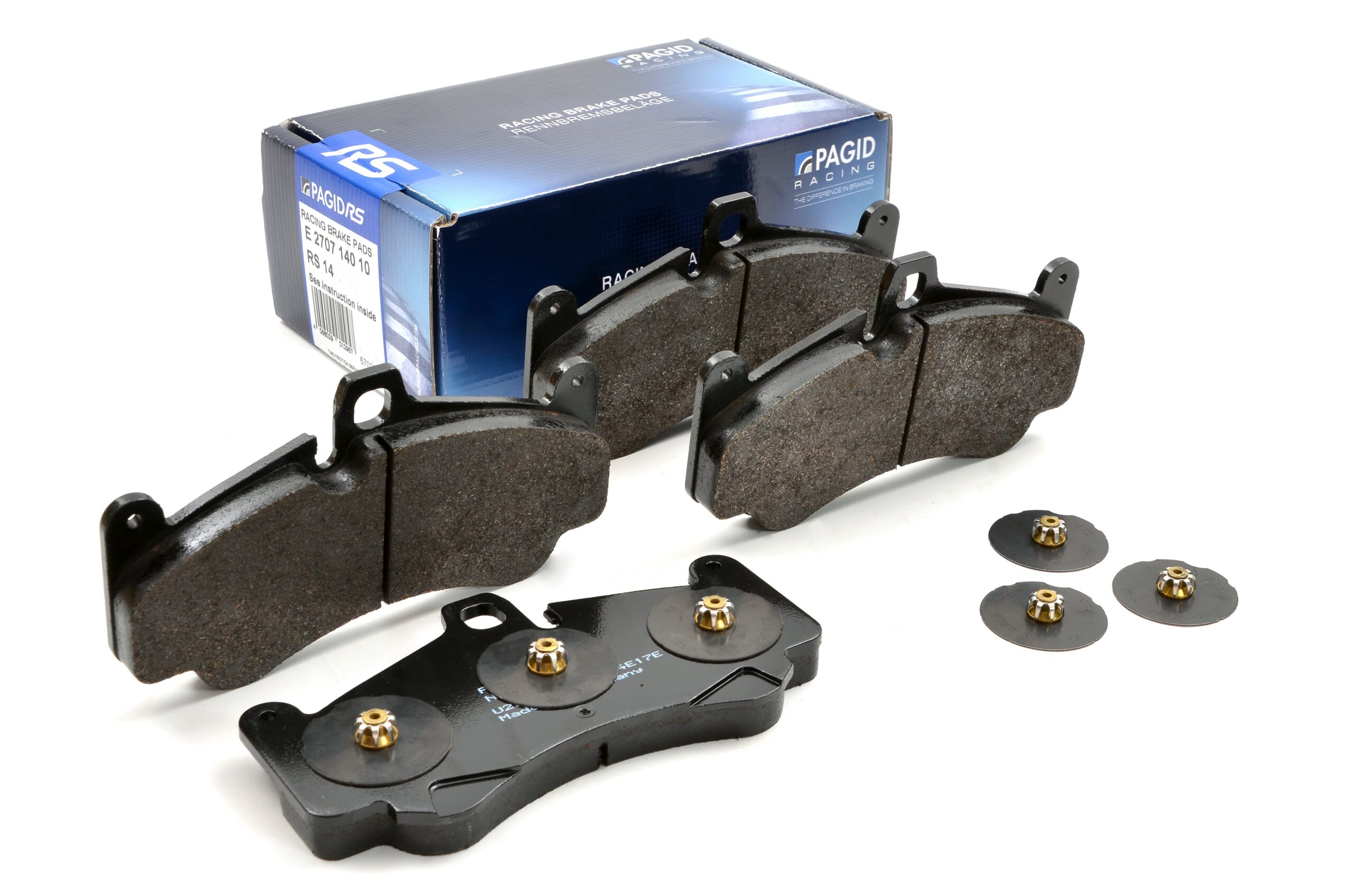 Pagid RS14 front pad set with anti-rattle kit components Pagid RS14 front pad set with anti-rattle kit components