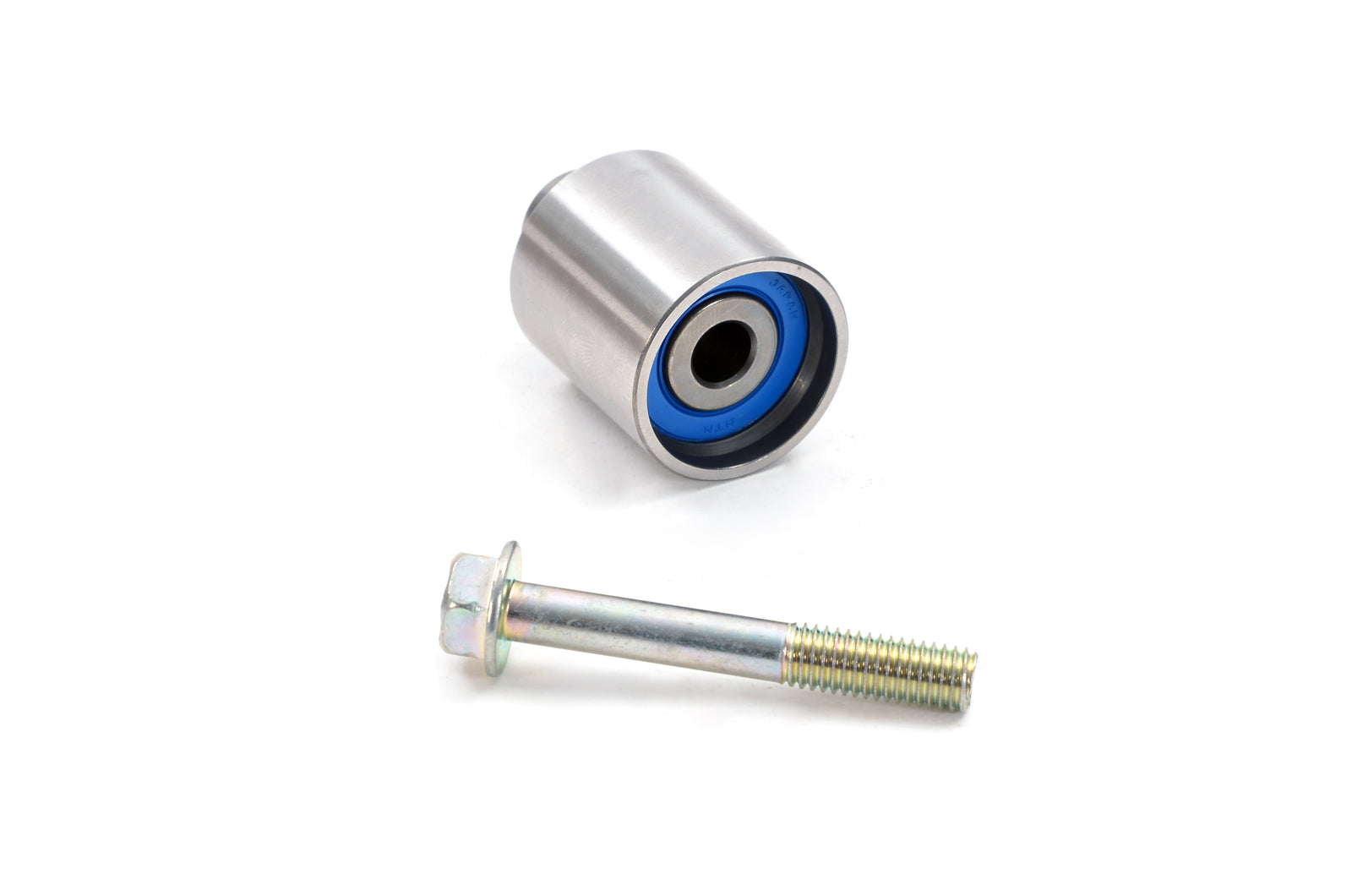 Genuine Subaru Small Timing Belt Idler Bolt – Double Bearing, 2002 Onwards Genuine Subaru SEN1202 small timing idler bolt beside an illustrative pulley, bolt only supplied