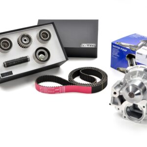 Timing kit with pink STI Sports Parts belt and Aisin three-port water pump for Impreza V1–V2