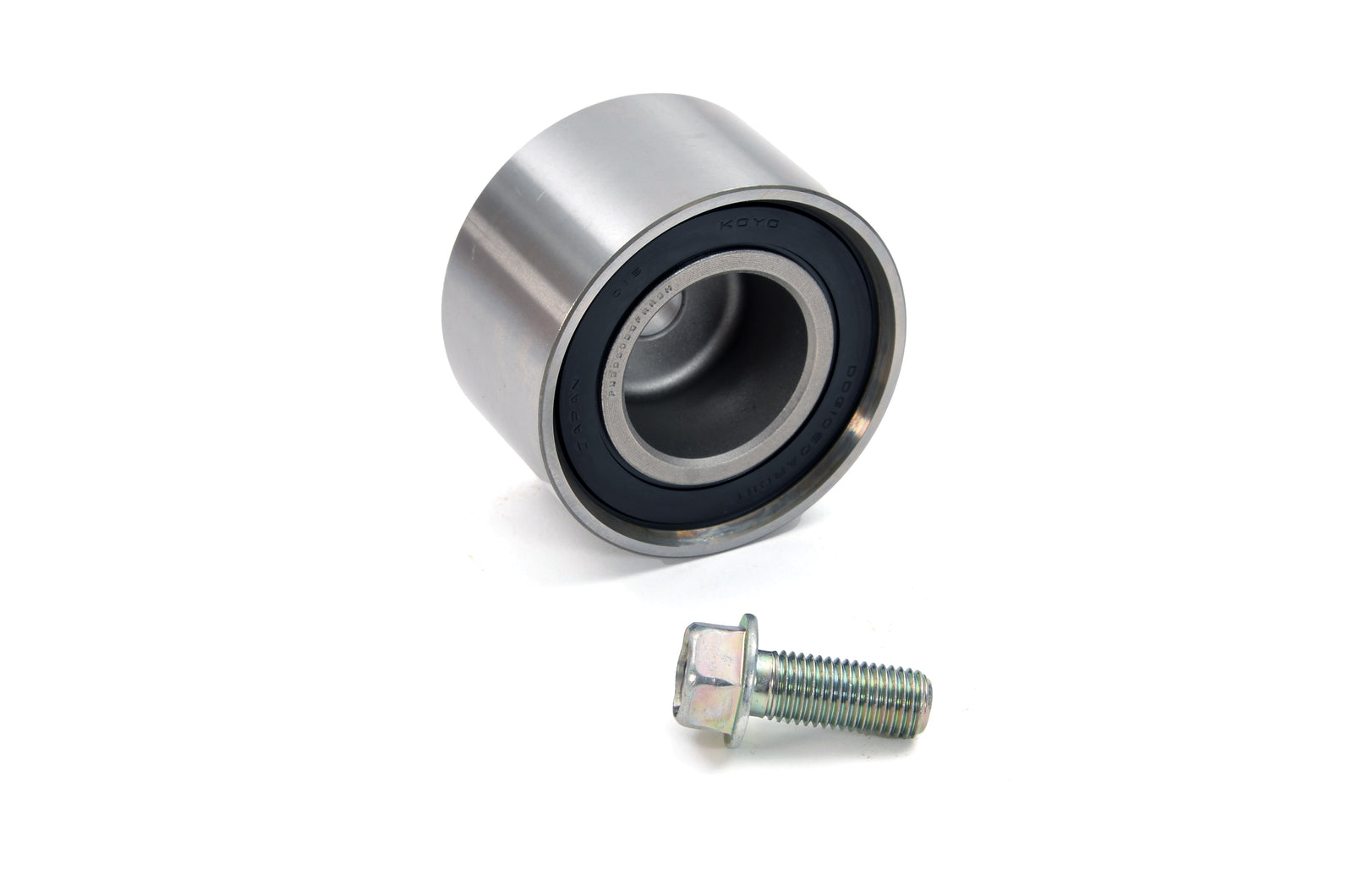 Genuine Subaru Large Smooth Timing Belt Idler Bolt Genuine Subaru SEN999 large smooth timing idler bolt beside an illustrative pulley, bolt only supplied