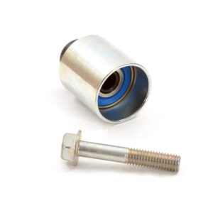 Genuine Subaru single-bearing small timing belt idler mounting bolt shown beside an illustrative pulley