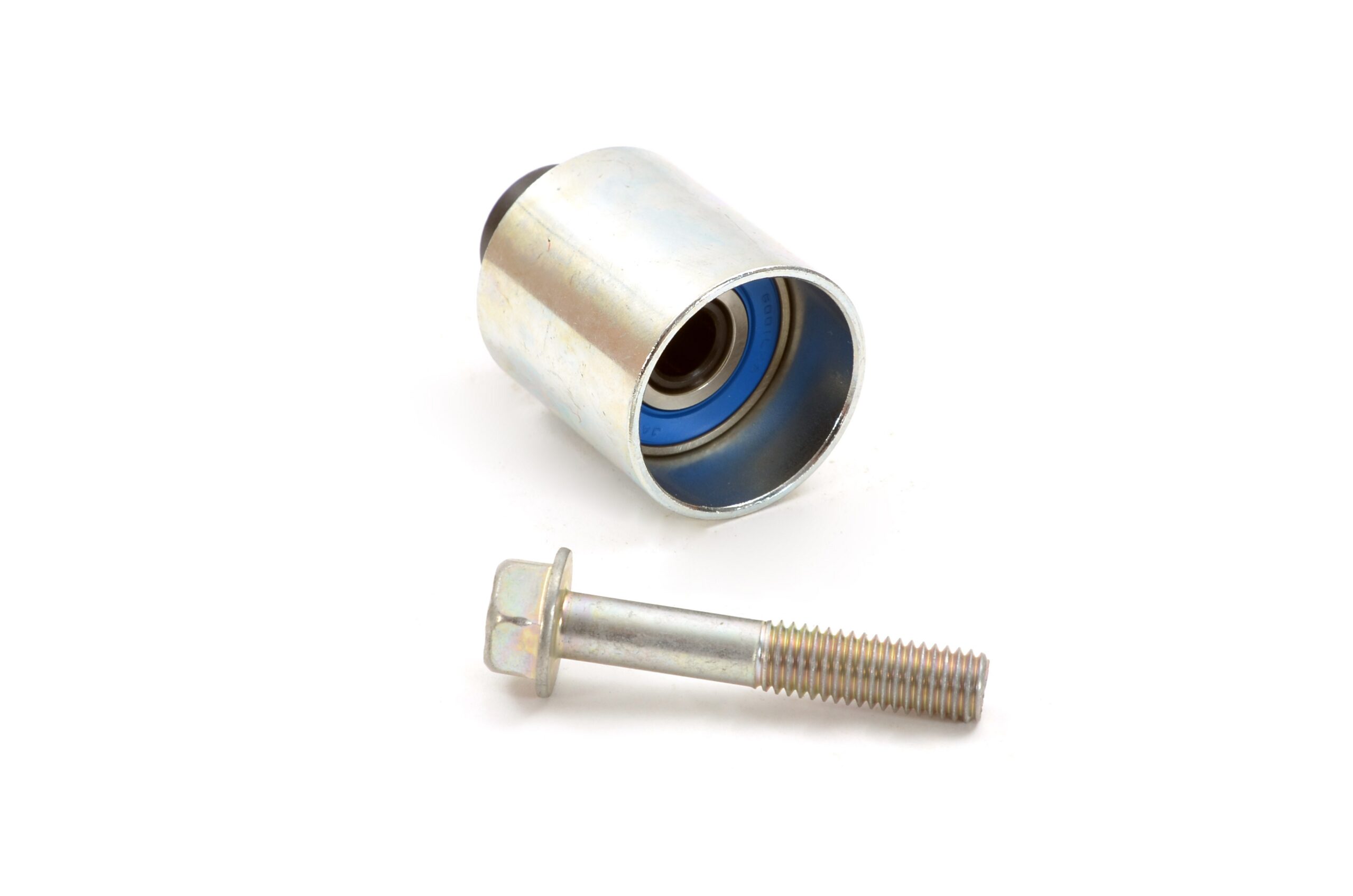 Genuine Subaru single-bearing small-idler bolt with illustrative pulley Genuine Subaru single-bearing small timing belt idler mounting bolt shown beside an illustrative pulley