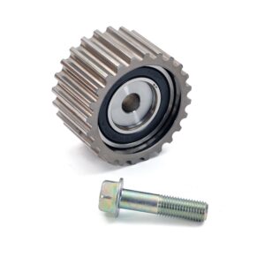 Genuine Subaru toothed timing belt idler mounting bolt shown beside an illustrative pulley