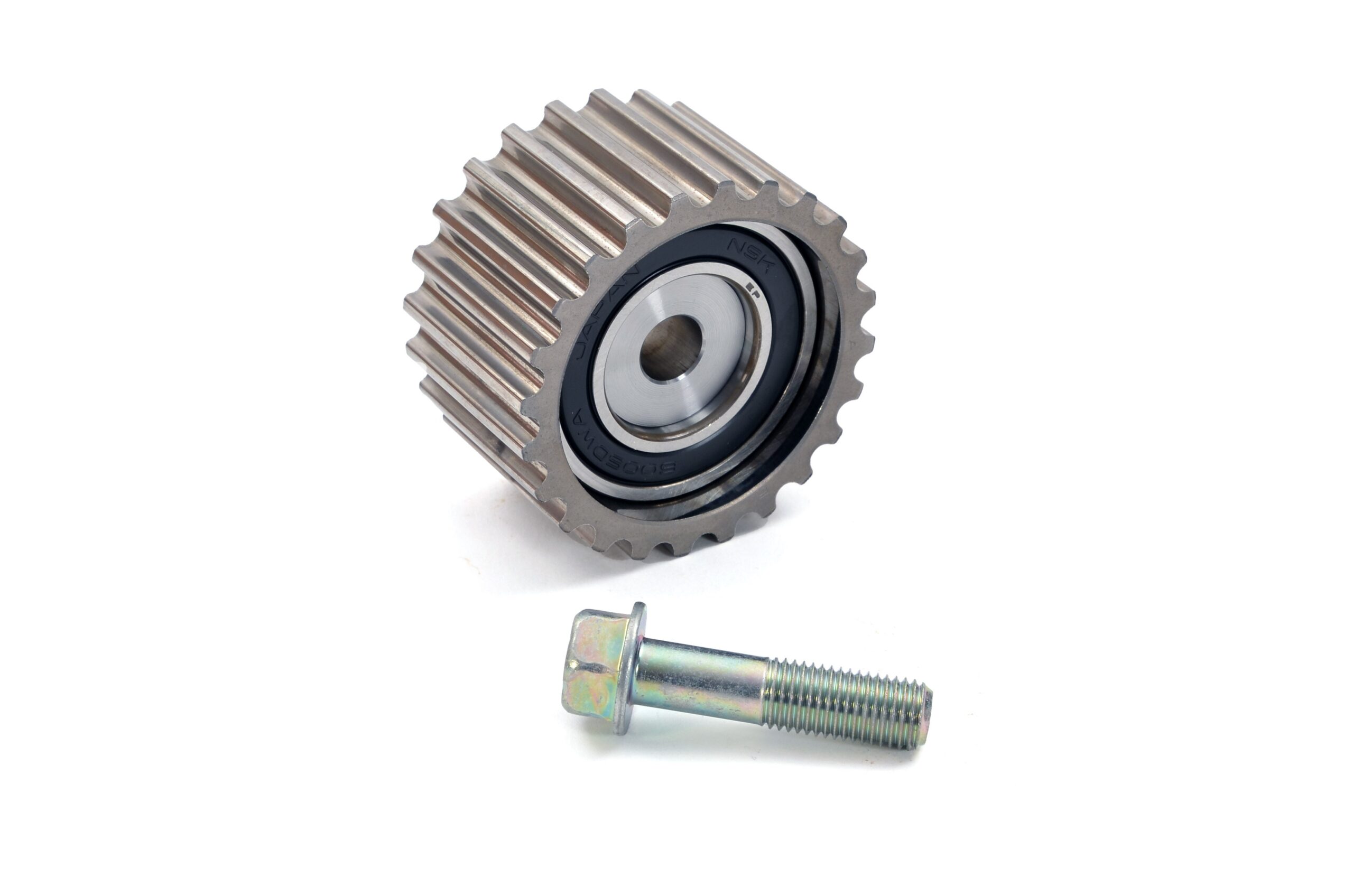Genuine Subaru toothed idler mounting bolt with illustrative pulley Genuine Subaru toothed timing belt idler mounting bolt shown beside an illustrative pulley