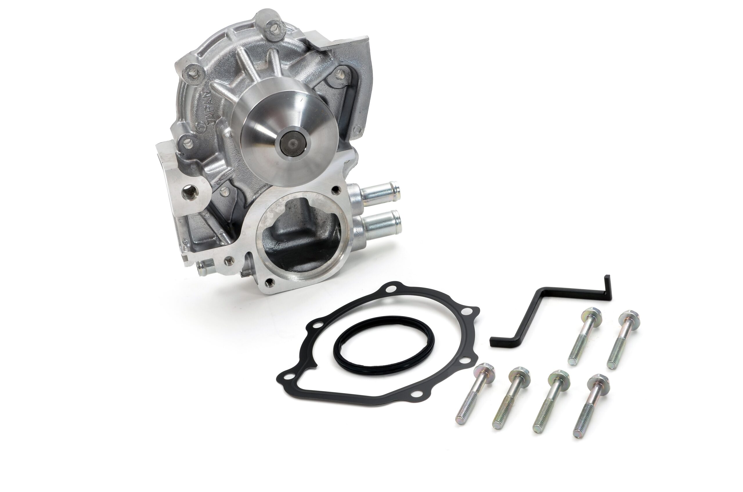WATERPUMPFITTINGKIT-2.jpg Subaru EJ water pump fitting kit components beside an illustrative water pump; water pump not included