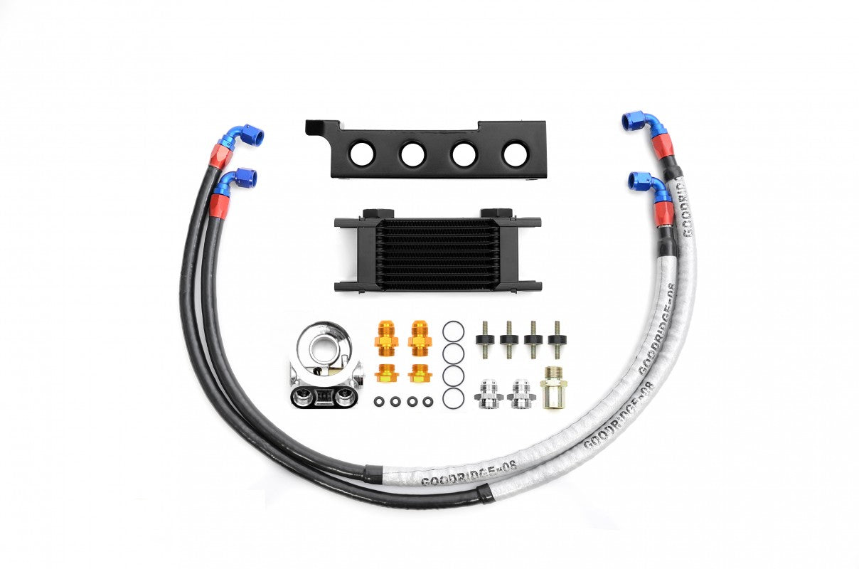 RCM oil cooler kit current supplier view 5 RCM 10-row oil cooler kit with black bracket, braided oil lines, sandwich plate and fittings