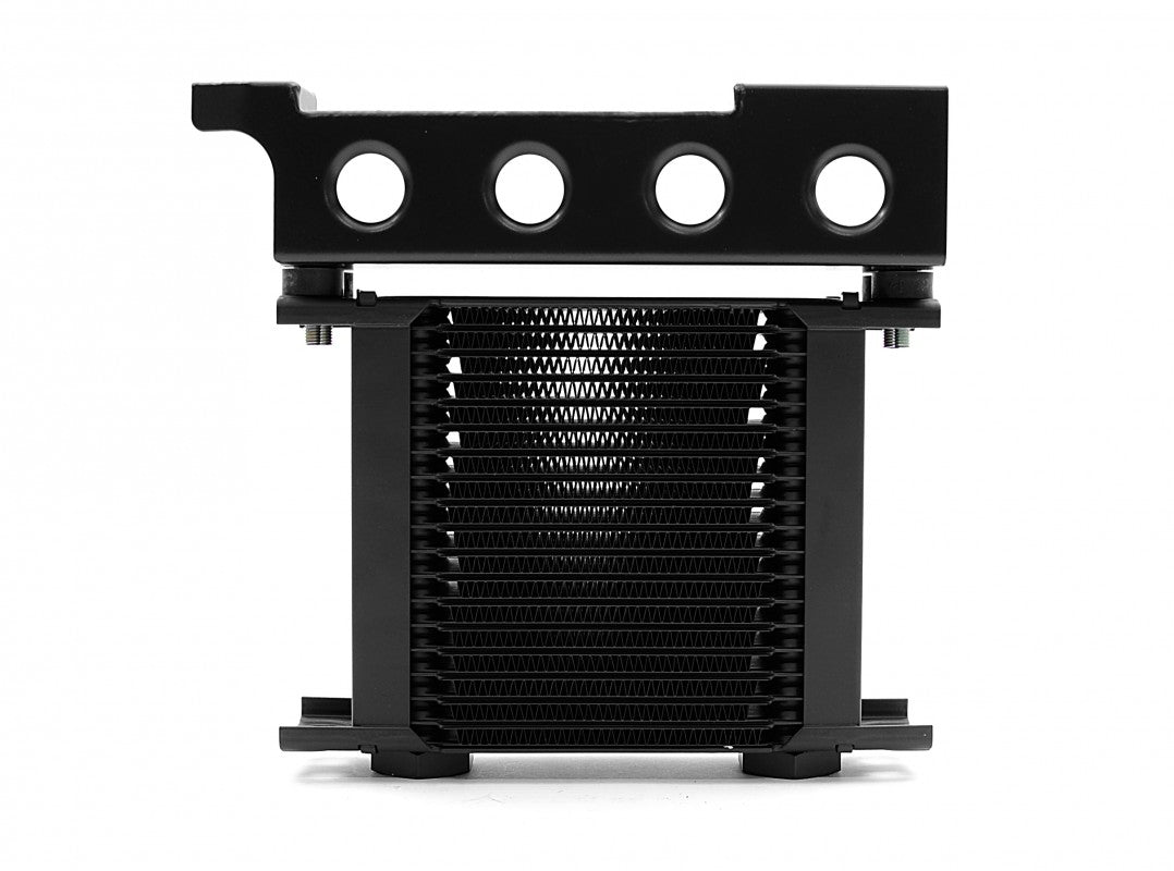 RCM oil cooler kit current supplier view 7 RCM 19-row Setrab oil cooler with black mounting bracket, front view